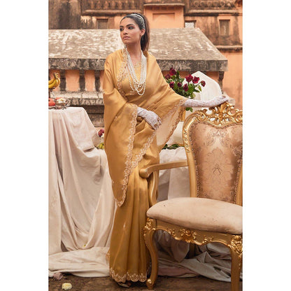 Geroo Luxe Gold Tissue Hand Embroidered Zardozi Saree with Unstitched Blouse