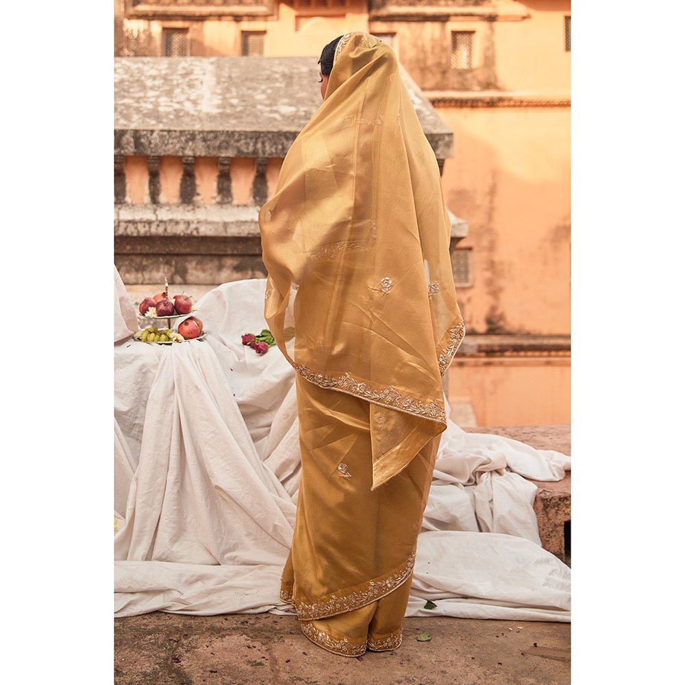 Geroo Luxe Golden Tissue Saree with Unstitched Blouse