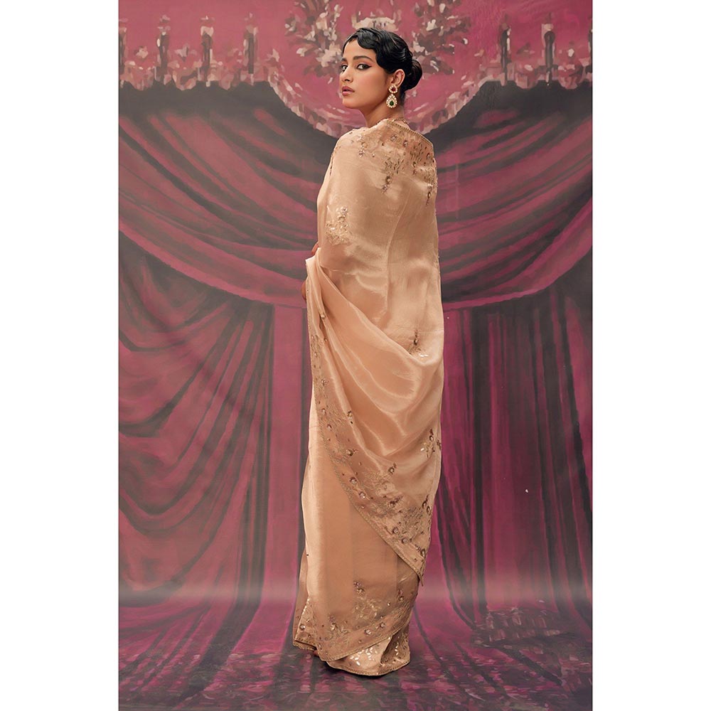 Geroo Luxe Beige Pure Tissue Gota Patti Saree with Unstitched Blouse