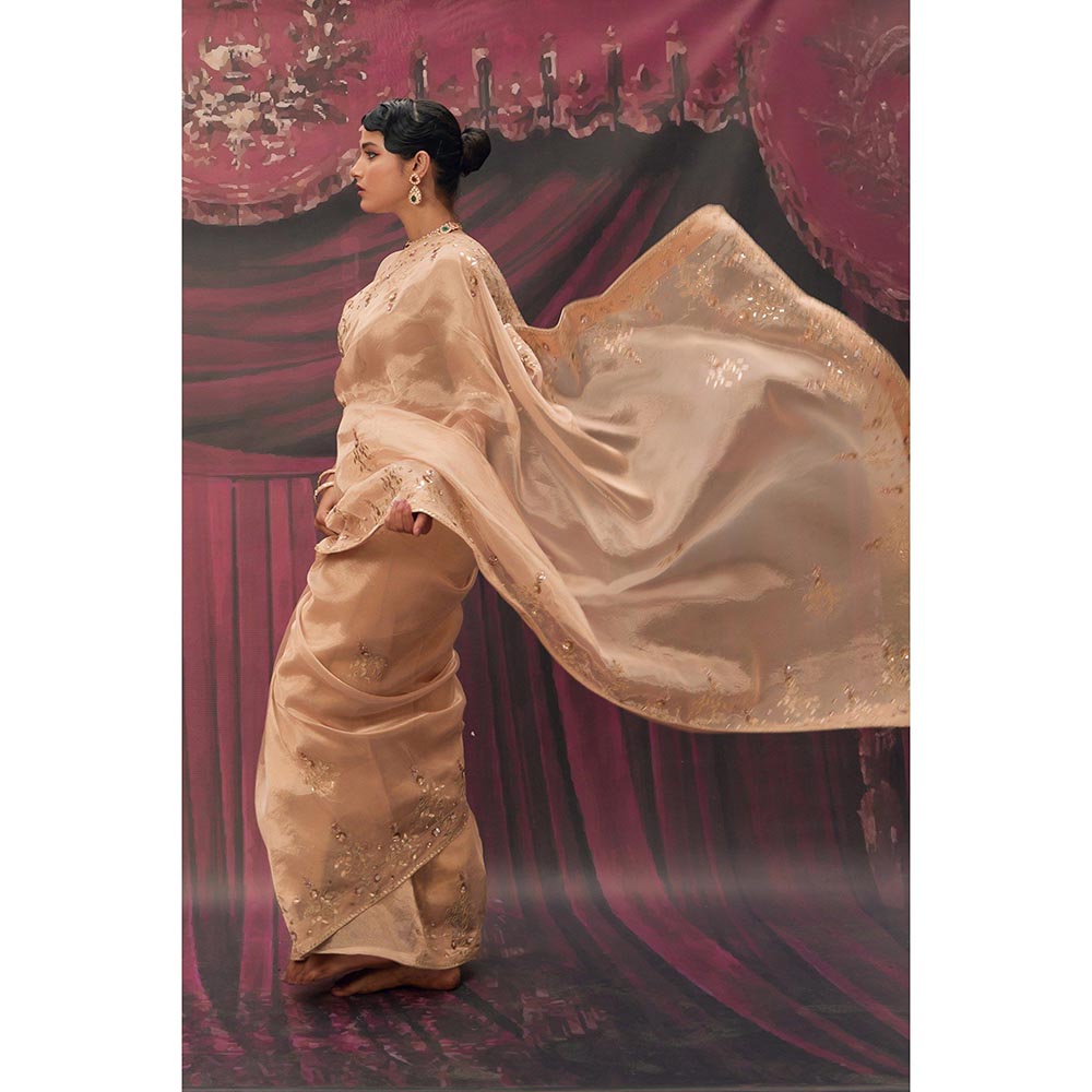 Geroo Luxe Beige Pure Tissue Gota Patti Saree with Unstitched Blouse