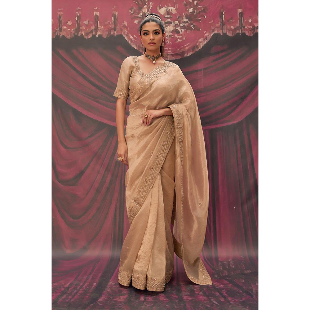Geroo Luxe Beige Pure Tissue Gota Patti Saree with Unstitched Blouse
