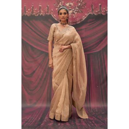 Geroo Luxe Beige Pure Tissue Gota Patti Saree with Unstitched Blouse
