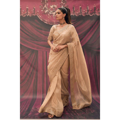 Geroo Luxe Beige Pure Tissue Gota Patti Saree with Unstitched Blouse
