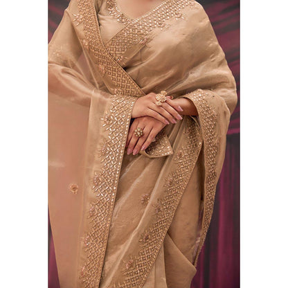 Geroo Luxe Beige Pure Tissue Gota Patti Saree with Unstitched Blouse