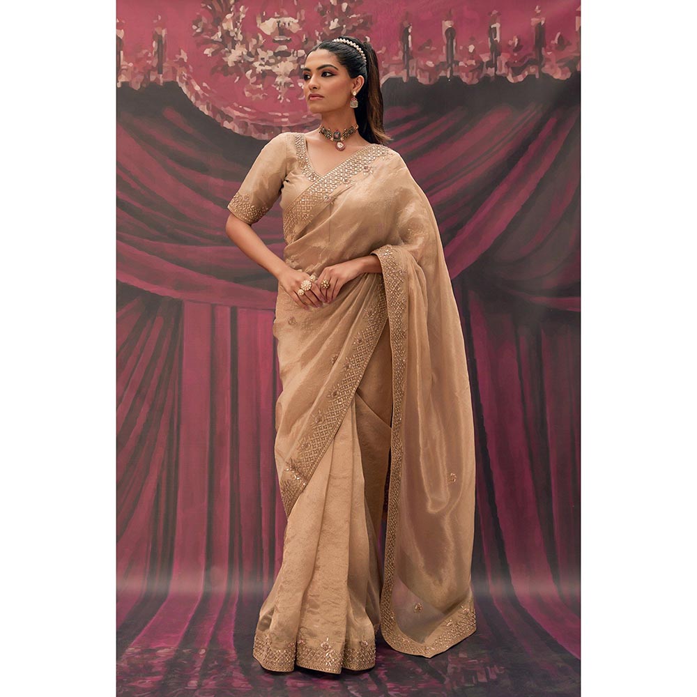 Geroo Luxe Beige Pure Tissue Gota Patti Saree with Unstitched Blouse