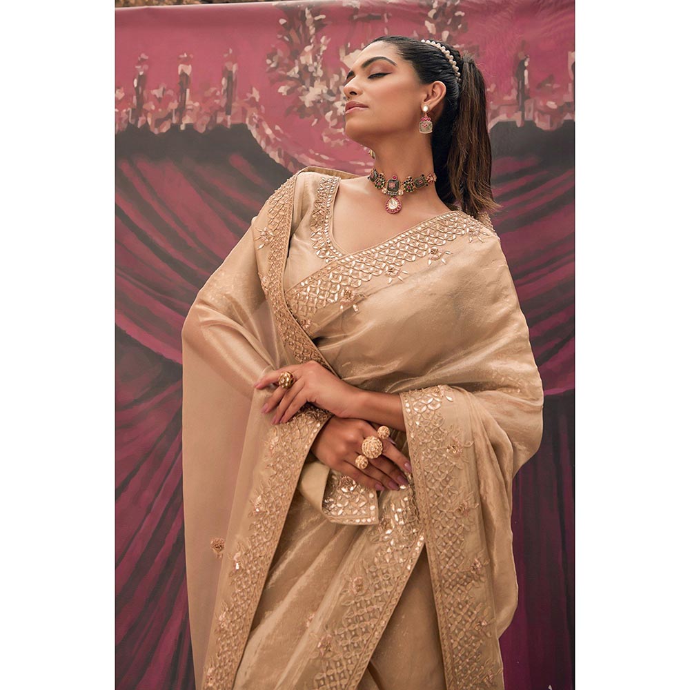 Geroo Luxe Beige Pure Tissue Gota Patti Saree with Unstitched Blouse