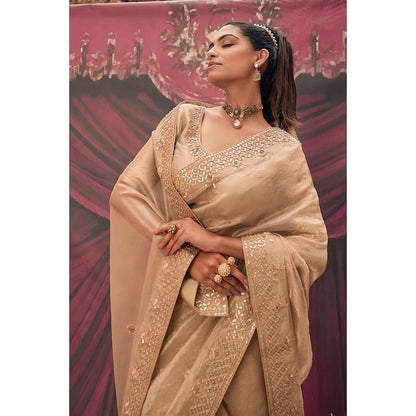 Geroo Luxe Beige Pure Tissue Gota Patti Saree with Unstitched Blouse