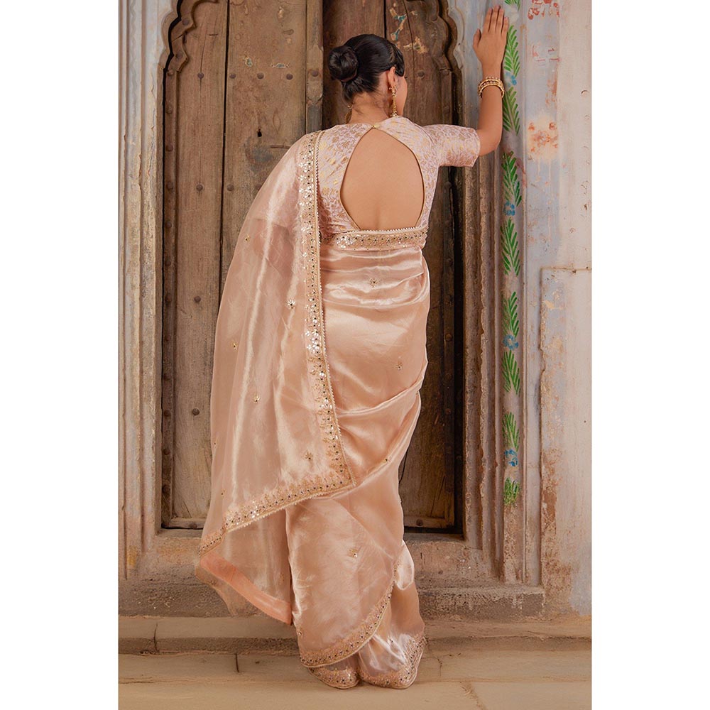 Geroo Luxe Rose Gold Pure Tissue Saree with Unstitched Blouse