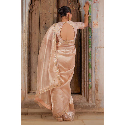 Geroo Luxe Rose Gold Pure Tissue Saree with Unstitched Blouse