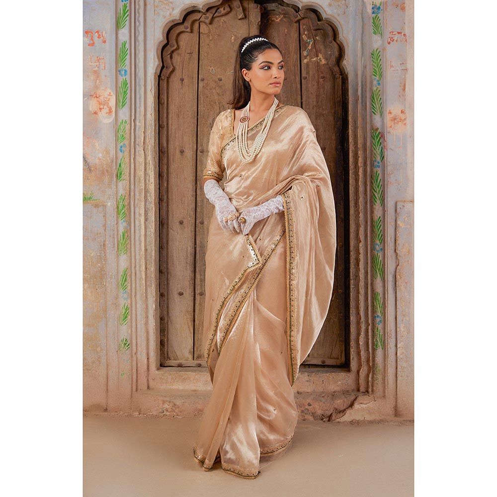Geroo Luxe Beige Pure Tissue Saree with Unstitched Blouse