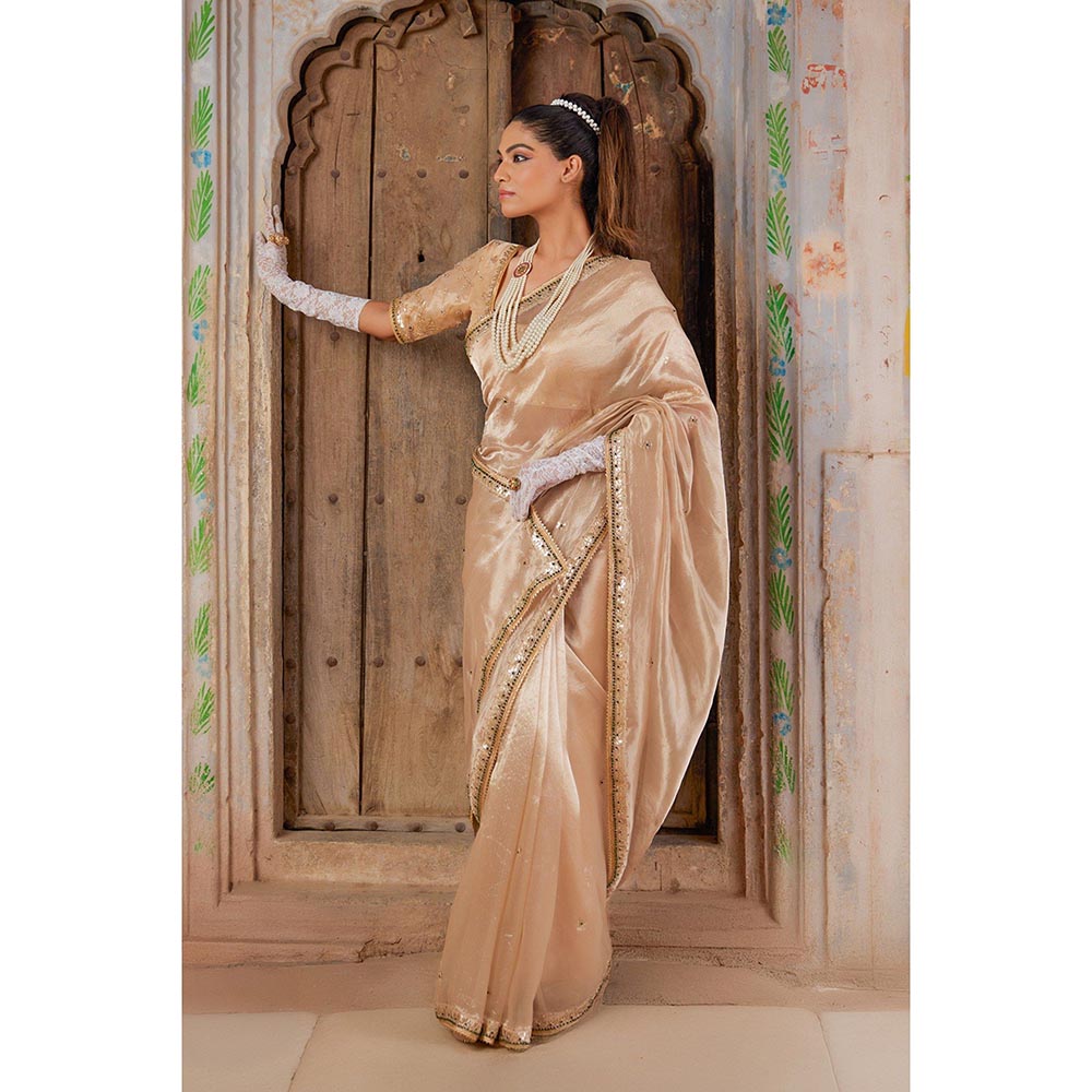 Geroo Luxe Beige Pure Tissue Saree with Unstitched Blouse