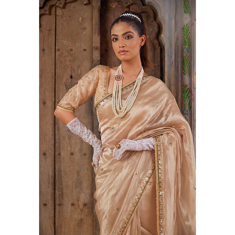 Geroo Luxe Beige Pure Tissue Saree with Unstitched Blouse