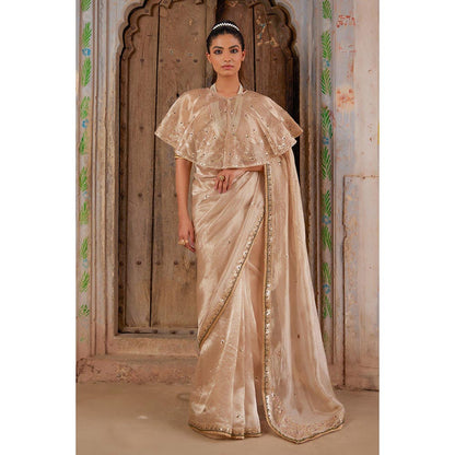 Geroo Luxe Beige Embellished Saree with Unstitched Blouse and Designer Cape