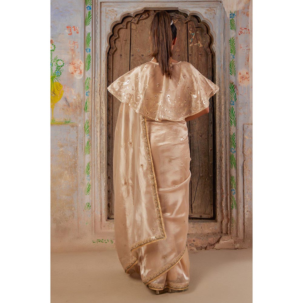 Geroo Luxe Beige Embellished Saree with Unstitched Blouse and Designer Cape