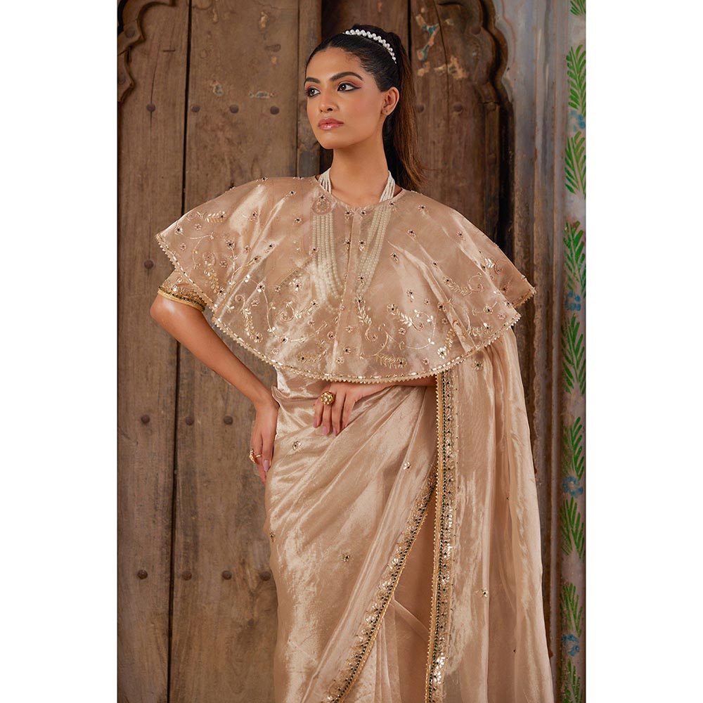 Geroo Luxe Beige Embellished Saree with Unstitched Blouse and Designer Cape
