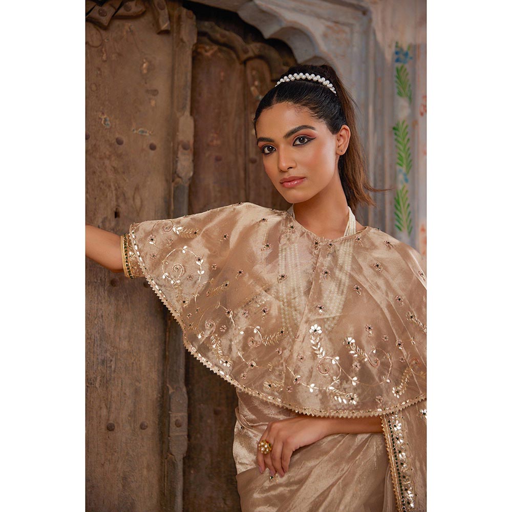 Geroo Luxe Beige Embellished Saree with Unstitched Blouse and Designer Cape