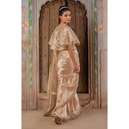 Geroo Luxe Beige Embellished Saree with Unstitched Blouse and Designer Cape