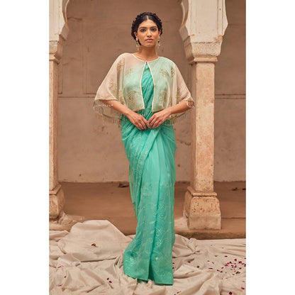 Geroo Luxe Aqua Embroidered Saree with Unstitched Blouse and Cape