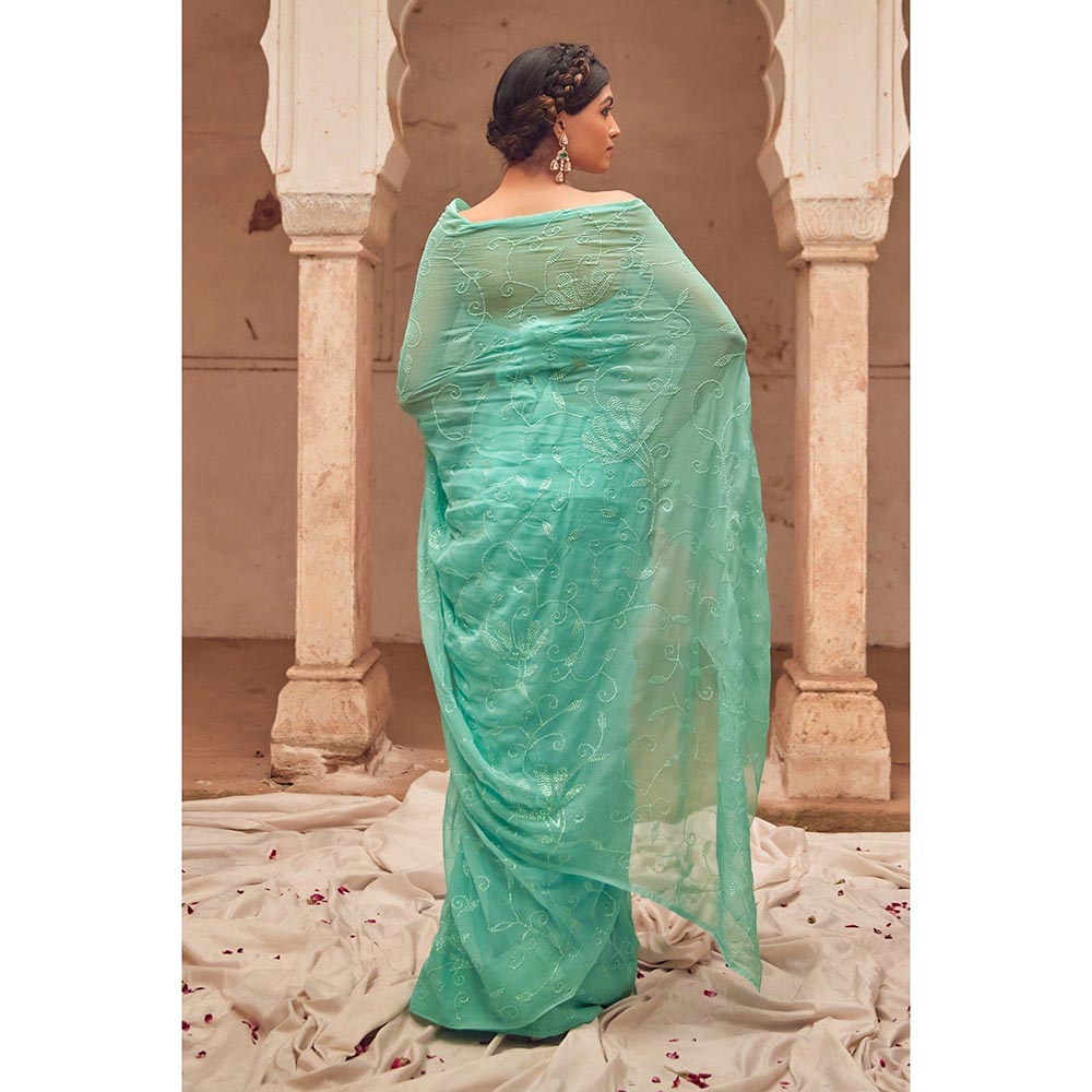 Geroo Luxe Aqua Embroidered Saree with Unstitched Blouse and Cape