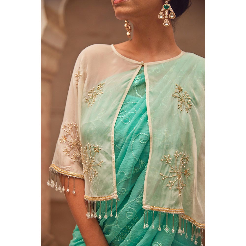 Geroo Luxe Aqua Embroidered Saree with Unstitched Blouse and Cape