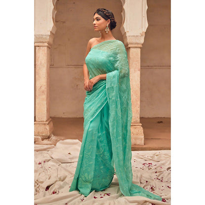 Geroo Luxe Aqua Embroidered Saree with Unstitched Blouse and Cape