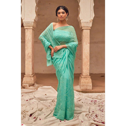 Geroo Luxe Aqua Embroidered Saree with Unstitched Blouse and Cape