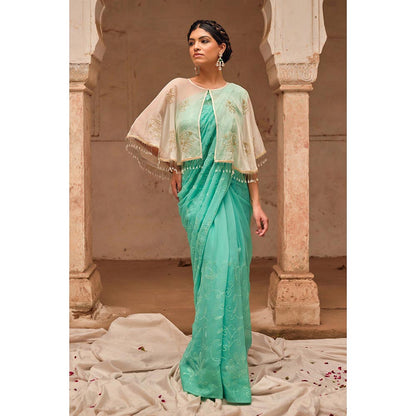 Geroo Luxe Aqua Embroidered Saree with Unstitched Blouse and Cape