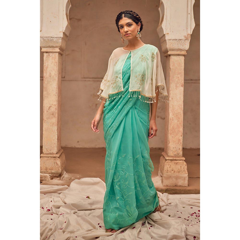 Geroo Luxe Aqua Embroidered Saree with Unstitched Blouse and Cape