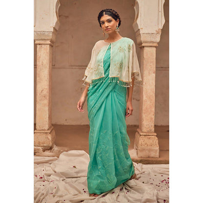 Geroo Luxe Aqua Embroidered Saree with Unstitched Blouse and Cape