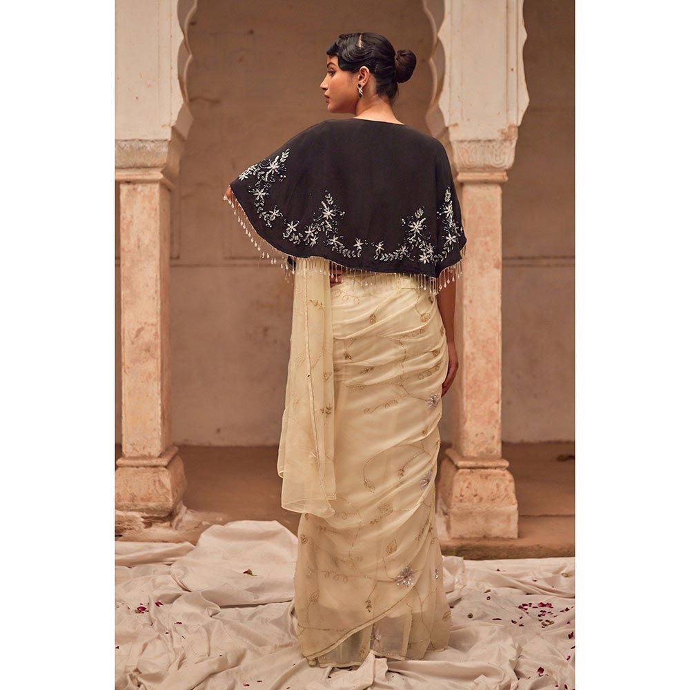 Geroo Luxe Beige Embroidered Saree with Unstitched Blouse and Cape
