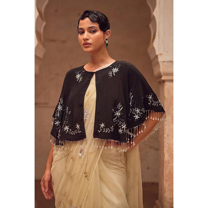 Geroo Luxe Beige Embroidered Saree with Unstitched Blouse and Cape