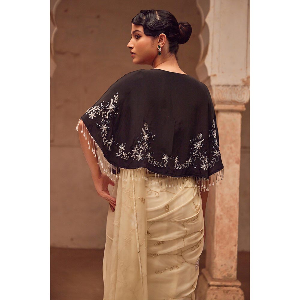 Geroo Luxe Beige Embroidered Saree with Unstitched Blouse and Cape