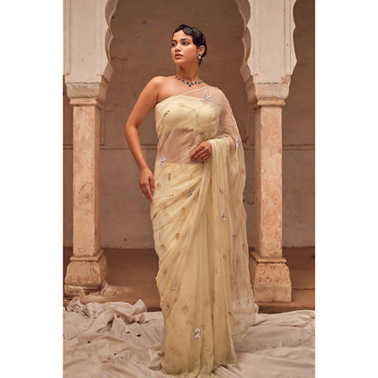 Geroo Luxe Beige Embroidered Saree with Unstitched Blouse and Cape