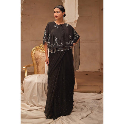 Geroo Luxe Black Red Mukaish Saree with Unstitched Blouse and Cape