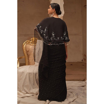 Geroo Luxe Black Red Mukaish Saree with Unstitched Blouse and Cape