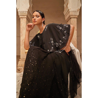 Geroo Luxe Black Red Mukaish Saree with Unstitched Blouse and Cape