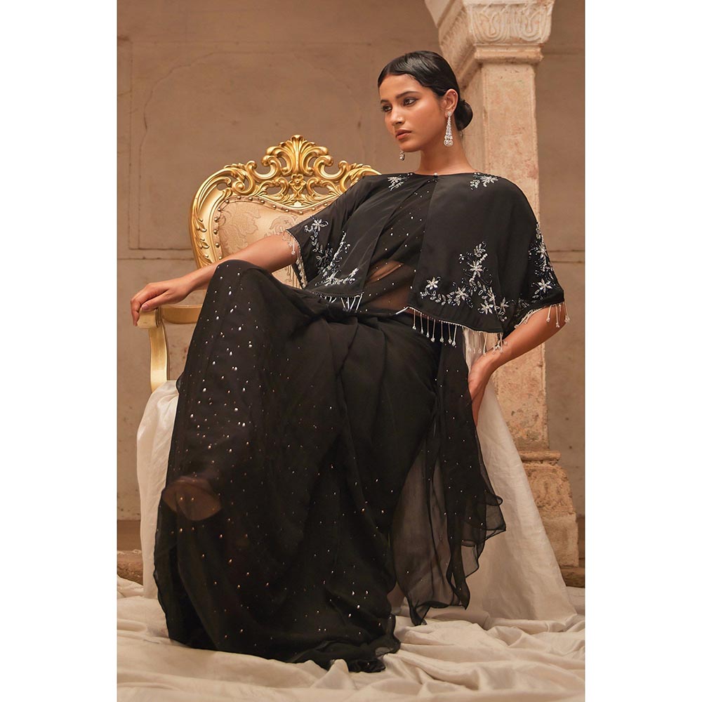 Geroo Luxe Black Red Mukaish Saree with Unstitched Blouse and Cape