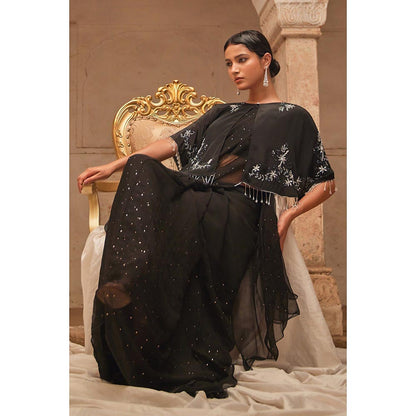 Geroo Luxe Black Red Mukaish Saree with Unstitched Blouse and Cape