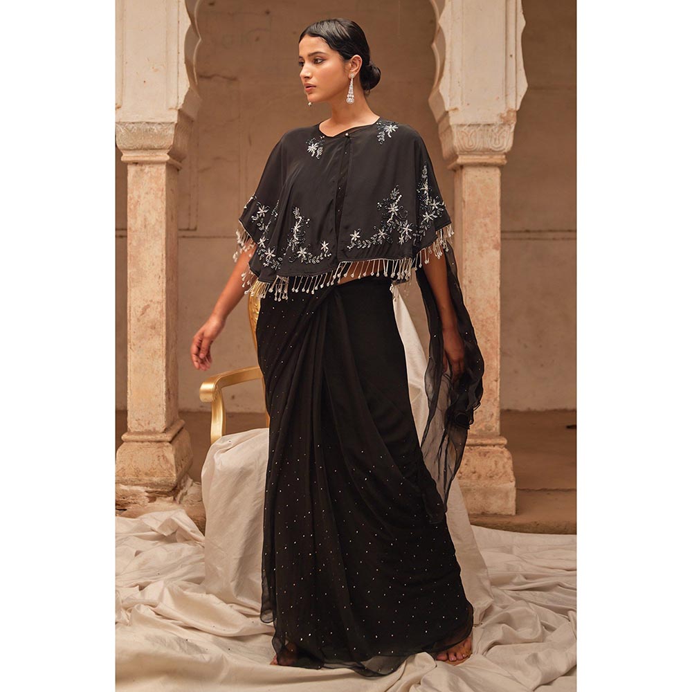 Geroo Luxe Black Red Mukaish Saree with Unstitched Blouse and Cape