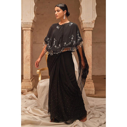 Geroo Luxe Black Red Mukaish Saree with Unstitched Blouse and Cape