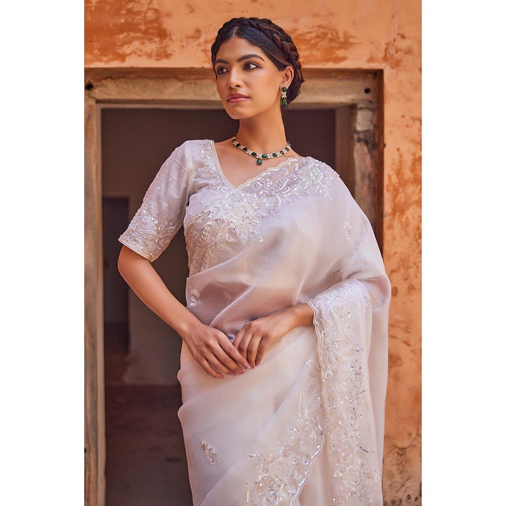 Geroo Luxe White Pure Tissue Saree with Unstitched Blouse