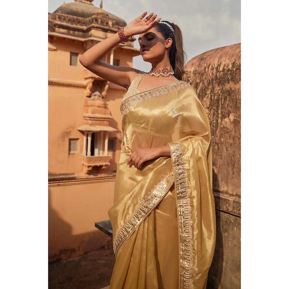 Geroo Luxe Golden Tissue Saree with Unstitched Blouse