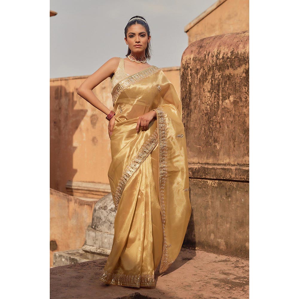 Geroo Luxe Golden Tissue Saree with Unstitched Blouse