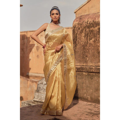 Geroo Luxe Golden Tissue Saree with Unstitched Blouse