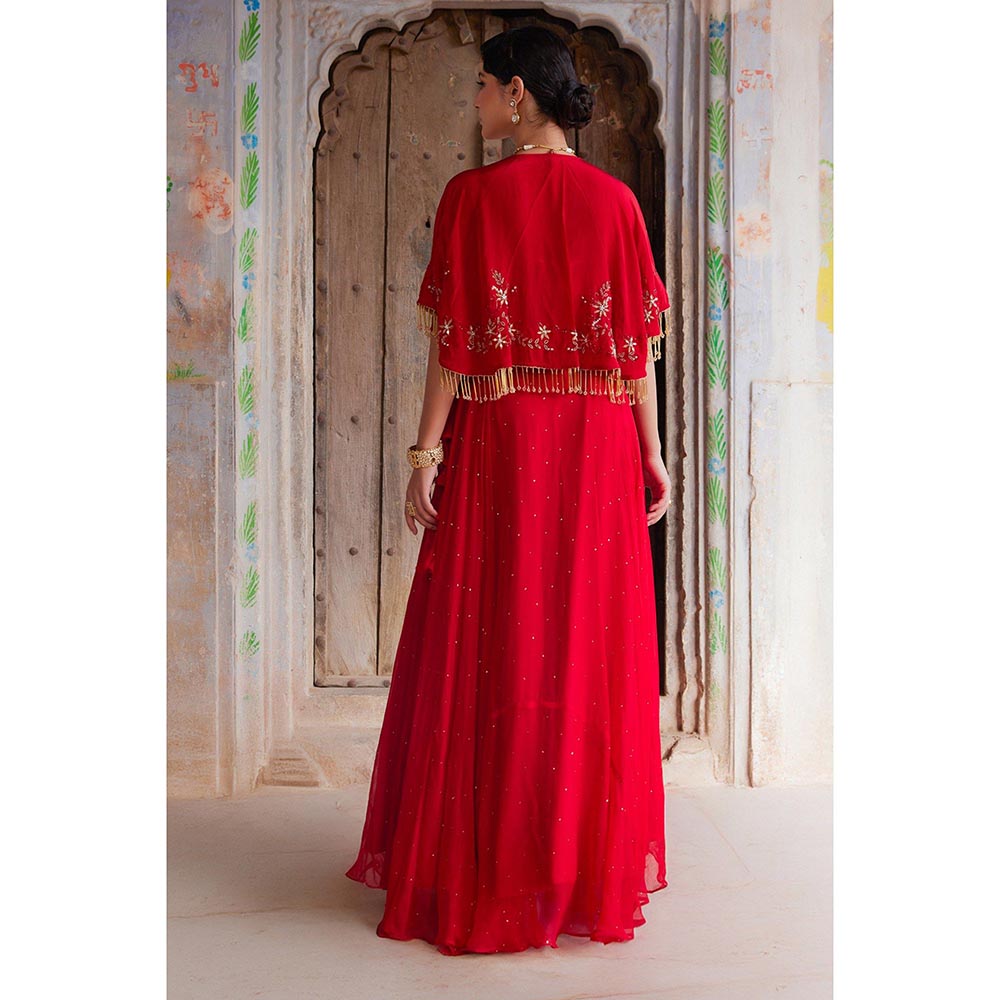 Geroo Luxe Red Mukaish Lehenga with Blouse and Cape