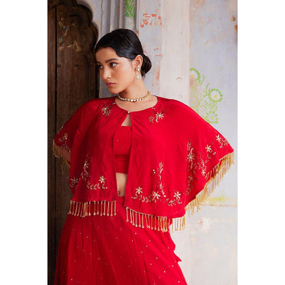 Geroo Luxe Red Mukaish Lehenga with Blouse and Cape
