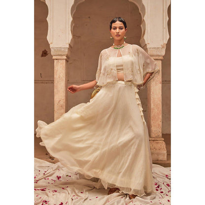 Geroo Luxe Off White Mukaish Lehenga with Blouse and Cape