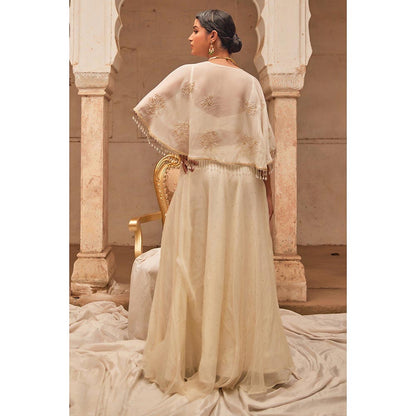 Geroo Luxe Off White Mukaish Lehenga with Blouse and Cape