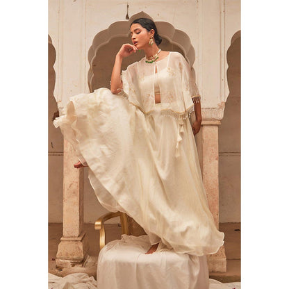Geroo Luxe Off White Mukaish Lehenga with Blouse and Cape