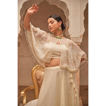 Geroo Luxe Off White Mukaish Lehenga with Blouse and Cape